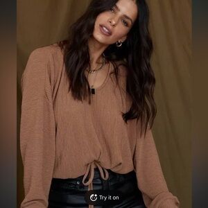 12th Tribe V Neck Brown Cinched Waist Long Sleeve Blouse Size XS NWOT